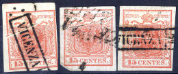 O 1854, "Pieghe Di Carta", 15 Cent. Rosso, Primo Tipo, Tre Esemplari Con Vistose Pieghe (Sass. 3) - Lombardo-Venetien
