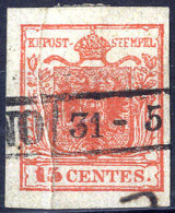 O 1850, "Pieghe Di Carta", 15 Cent. Rosso Vermiglio, Firm. E. Diena (Sass. 4) - Lombardo-Veneto