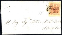 Cover 1850, 15 Cent. Rosso Vermiglio, Secondo Tipo, Su Lettera Da Chiari, Cert. E. Diena (Sass. 4) - Lombardo-Vénétie