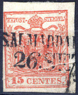 O 1854, "Pieghe Di Carta", 15 Cent. Rosso Vermiglio, Usato (Sass. 4) - Lombardije-Venetië