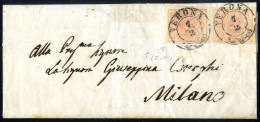 Cover 1850, "Pieghe Di Carta", 15 Cent. Rosa, Coppia Vertcale Con L' Esemplare Con Piega Di Carta Su Lettera Da Verona 7 - Lombardo-Veneto