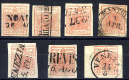 O/piece 1854, "Pieghe Di Carta", 15 Cent. Rosa, Lotto Sette Esemplari Con Varie Tipologie Di Pieghe Su Un Listello, Sple - Lombardo-Veneto