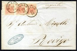 Cover 1850, 15 Cent. Rosso, Terzo Tipo, Striscia Di Tre Su Lettera Da Milano (Sass. 6 - ANK 3HIII) - Lombardo-Veneto