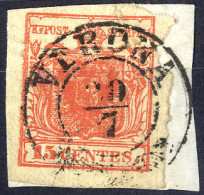 Piece 1854, "Pieghe Di Carta", 15 Cent. Rosso Vermiglio, "carta Costolata", Usato (Sass. 14) - Lombardo-Veneto