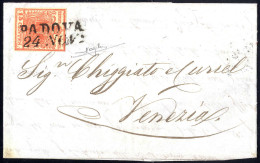 Cover 1851, "Carta Costolata", 15 Cent, Rosso Vermiglio, Secondo Tipo, Su Lettera Da Padova 24.11.1851 Per Venezia, Cert - Lombardy-Venetia