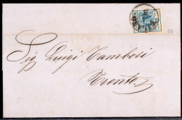 Cover 1854, 45 Cent. Azzurro, Carta A Macchina, Su Lettera Da Milano (Sass. 22) - Lombardo-Vénétie