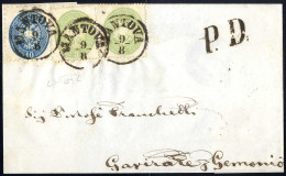 Cover 1863/64, Lettera Di Tre Sezioni Da Mantova Con Affrancatura Mista 3 + 3 Soldi Verde, Quarta Emissione, Più 10 Sold - Lombardo-Vénétie