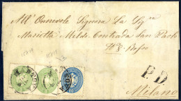 Cover 1863/64, Lettera Di Tre Sezioni Da Mantova Con Affrancatura Mista 3 + 3 Soldi Verde, Quarta Emissione, Più 10 Sold - Lombardy-Venetia