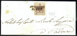 Cover "AURONZO / 3. SETT.", Annullo SI, Primo Tipo, Su 30 Cent. Bruno, "prima Tiratura", Su Lettera Del 3.9.1850 Per Pad - Lombardije-Venetië