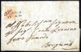 Cover "Sarnico / 12 AGO.", Annullo Corsivo Su 15 Cent. Su Lettera Per Bergamo, Cert. E. Diena (Sass. 5 / 10P.) - Lombardy-Venetia