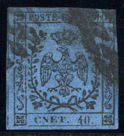 O 1852, "CNET. 40.", Errore Tipografico Su 40 Cent. Azzurro Scuro, Splendido, Firmato A. Diena (Sass. 10f / 1300,-) - Modena
