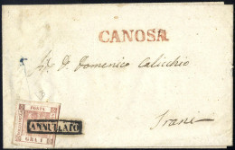 Cover 1858, "Incisione Doppia", 1 Gr. Rosa Carminio Su Lettera Del 23.2.1858 Per Trani, Annullo Rosso "CANOSA" Sul Front - Nápoles