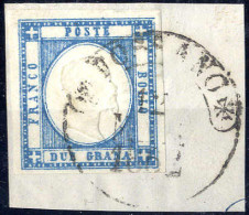 Piece 1861, Provincie Napoletane, 2 Gr. Azzurro Chiaro Con Varietà "ritocco Delle Linee Di Fondo", Usato Su Frammento Da - Napels