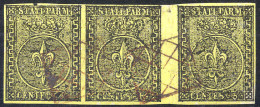 O 1852, 5 Cent. Giallo, Striscia Di Tre Orizzontale Con "interspazio Di Gruppo", Usata, Buoni Margini, Splendida E Rara, - Parma