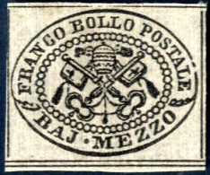 (*) 1852, 1/2 Baj. Grigio Ben Marginato, Senza Gomma (Sass. 1, € 375). - Kerkelijke Staten