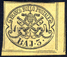 * 1852, 3 Baj. Giallo Paglia, "interspazio Di Gruppo A Sinistra", Nuovo Con Gomma Parziale, Ex Coll. Barcella, Probabilm - Etats Pontificaux