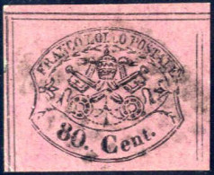 O 1867, 80 C. Rosa Lillaceo Usato, Tre Margini Molto Ampi, Leggermente Toccato In Basso, Firmato AD (Sass. 20, € 850). - Kerkelijke Staten