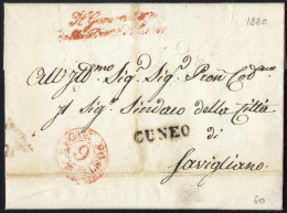 Cover 1820, Lettera In Franchigia Da Cuneo Il 19.9 Per Savigliano, Bollo Rosso REGIE POSTE 9, Bollo Lineare Nero CUNEO - Sardinië