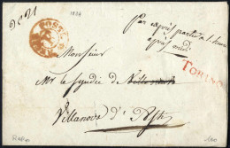 Cover 1824, Lettera In Franchigia Da Torino Il 9.9 Per Villanova D'Asti, Bollo Rosso REGIE POSTE F E Lineare In Rosso TO - Sardinien