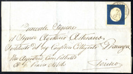 Cover 1854, 20 Cent. Azzurro, Ben Marginato, Su Lettera Da Alessandria 8.9.1855 Per Torino (Sass. 8) - Sardinia