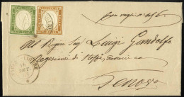 Cover 1863, Lettera Da Varese-Ligure Il 16.9 Per Genova Affrancata Con 5 E 10 C. IV Di Sardegna, Sass. 13,14 - Sardinia