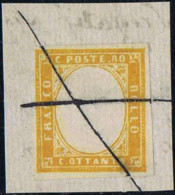 Piece 1861, 80 Cent. Giallo Arancio Su Frammento, Con Annullamento A Penna, Raro Uso Fiscale, Ben Marginato, Sass. 17C / - Sardaigne