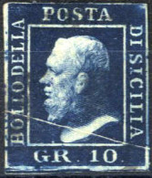 O 1859, 10 Gr. Azzurro Cupo Con Vistosa Linea Bianca Diagonalmente Derivante Da Una Piega, Usato, Sass. 12 - Sizilien