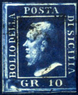 O 1859, 10 Grana Azzurro Cupo, Tre Ampi Margini, Toccato A Destra, Leggero Annullo (Sass. 12, E 900). - Sicily