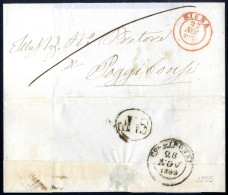 Cover 1855, Lettera Franca Del 27.11.1855 Da Siena A Poggibonsi, Timbro Rosso Di Partenza C2 "SIENA, 27 NOV 1855", Al Ve - Toscane