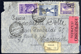 Cover 1940, Raccomandata Espresso (incompleta Al Verso) Da Harar 7.11.1940 Per Macerata Affrancata Con AOI Sass. 10 + 18 - Italian Eastern Africa