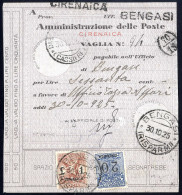 Cover 1925, Segnatasse Per Vaglia, 20 C. Azzurro E 1 L. Bruno Rosso Su Vaglia Da Bengasi Il 30.10, Sass. 1,4 / 1200,- - Cirenaica