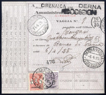 Cover 1925, Segnatasse Per Vaglia, 50 C. Violetto E 3 L. Carminio Su Vaglia Da Derna Il 6.4, Sass. 3,6 / 1550,- - Cirenaica