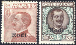 * 1922/23, Serie Completa Di Due Valori 85cent + 1L Soprastampati "Rodi", Gomma Originale Linguellata, Sass. 13-14 - Egée