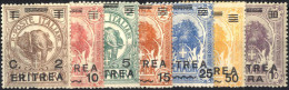 ** 1922, Soprastampati, Serie Completa Di 7 Valori, I 6 Valori Piú Bassi Con Decalco Della Soprastampa "Eritrea" E Sbarr - Erythrée