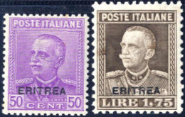 **/* 1928-9, 50 C. Lilla E 1,75 L. Bruno Con Soprastampa "ERITREA", Nuovi Con Gomma Originale, Che è Integra Nel 50 C. ( - Erythrée