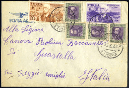 Cover 1937, Lettera Da Addis Abeba 25.3.1937 Per Via Aerea A Guastalla Affrancata Con Etiopia Sass. 1 + 2 E Eritrea Sass - Ethiopie