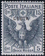 ** 1915-16, Croce Rossa, 15+5 Cent. Grigio Con "soprastampa Più Sottile", Nuovo Con Gomma Originale Ed Integra, Sass.14a - Libye