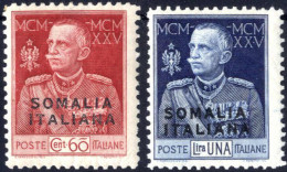 * 1925/26, 60 Cent Carminio + 1L Azzurro Soprastampati "Somalia Italiana" Dent.11, Gomma Originale Con Segni Di Linguell - Somalie
