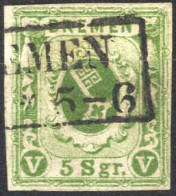 O 1859/63, 5 Sgr Schwarzgelbgrün, Ungezähnt, Gestempelt, Mi. 4 - Bremen