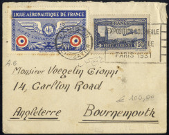 Cover 1931, Kleines Kuvert Mit Vignette "Ligue Aeronautique De France" Von Paris Am 20.10. Nach Bournemouth, Rückseitig  - Autres & Non Classés
