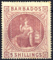 * 1873, Sitzende Britannia, 5 Sh Lilarot, Gez. 15½:15 Wz. 2, Ungebraucht, Sign. A Diena, SG 64 Mi. 22 - Barbades (...-1966)