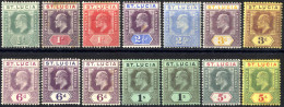 * 1904/10, König Edward VII, Serie 14 Werte (½ P Lila/grün Fehlt), Wz. 4 Ungebraucht, Beide 1 P Werte Und 5 Sh Grün/rot  - St.Lucia (...-1978)