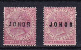 Malaya - Johore: 1884/91   QV 'Johor' OVPT    SG9    2c  Pale Rose   MH (x2)    - Johore