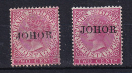 Malaya - Johore: 1884/91   QV 'Johor' OVPT    SG15    2c  Bright Rose   MH (x2)    - Johore