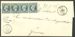 Lettre Triple Port. No 10 (paire (un Ex Filet Touché) + Deux), Obl Pc 881 Sur Lettre Avec Cursive "37/Clelles-en/ Triève - 1852 Louis-Napoleon