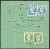 Lettre Affranchissement à 50cts. Nos 12 (2) + 14A (2), Obl Cad 15 Dormans Avril 62, Sur Bande D'envoi De Papiers D'affai - 1853-1860 Napoléon III.