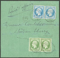 Lettre Affranchissement à 50cts. Nos 12 (2) + 14A (2), Obl Cad 15 Dormans Avril 62, Sur Bande D'envoi De Papiers D'affai - 1853-1860 Napoléon III