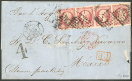 Lettre Tête-bêche. No 17Af, Carmin, Paire Deux Voisins Dans Une Bande De Quatre (un Ex Def), Obl Losange "K" Sur Lettre  - 1853-1860 Napoleon III