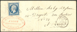 Lettre Piquage D'Evreux. No 14 Sur Lettre D'Evreux 21 Mars 57, Avec Cachet Commercial Rouge, Pour Rouen, Superbe. - RR - 1853-1860 Napoleone III