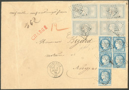 Lettre Affranchissement à 21,25f. No 33 Bloc De Quatre + 60 (deux Paires + Un), Obl Gc 3067 Sur Enveloppe Chargée De Qui - 1863-1870 Napoleon III Gelauwerd